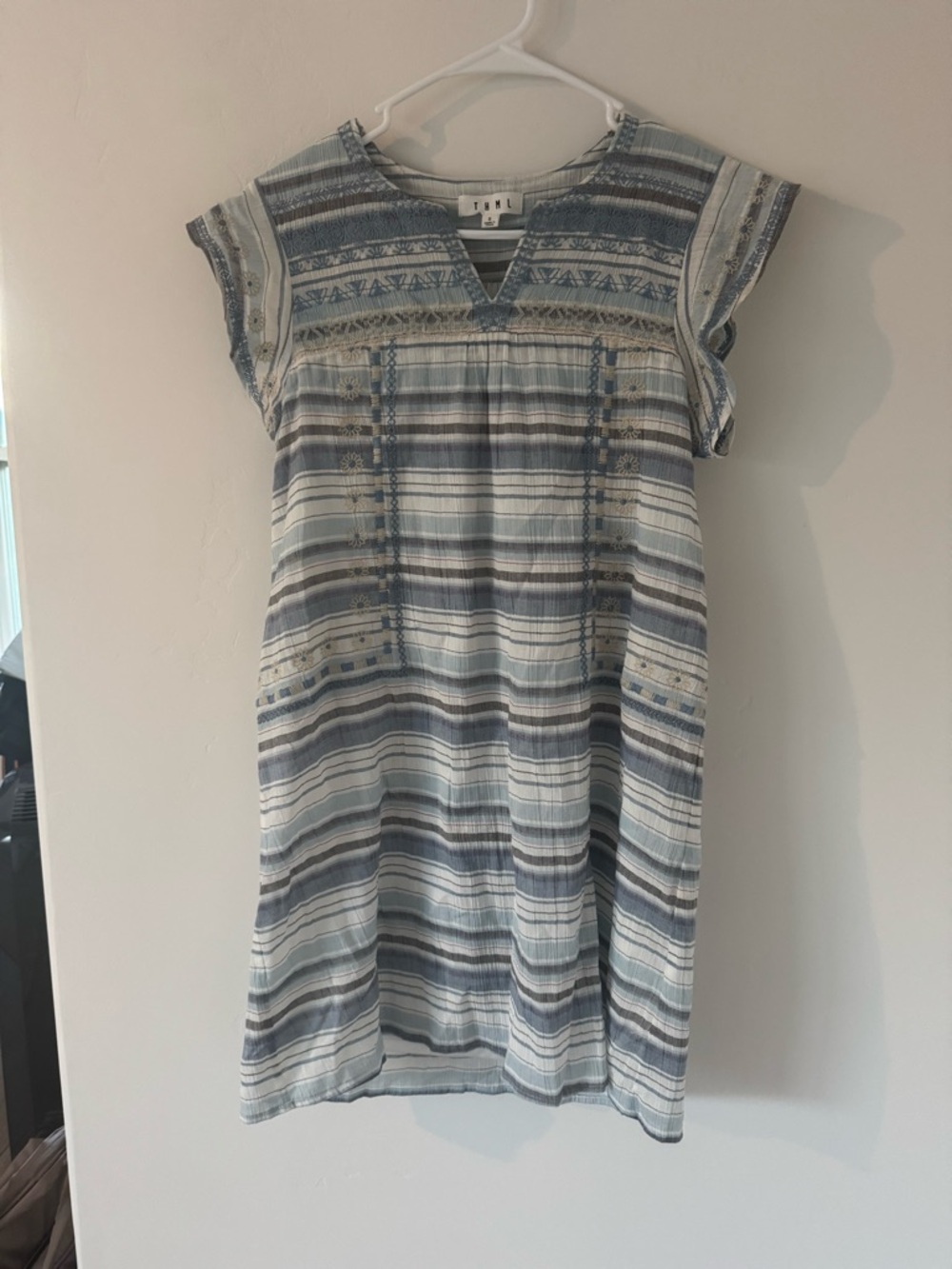 TStriped Blue & Cream Embroidered Tunic Dress